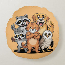 Cartoon Animal Friends Team Illustration ラウンドクッション