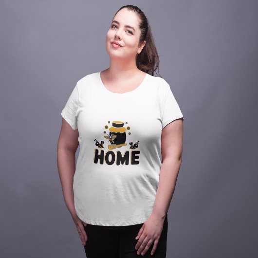 Cartoon Bee and Honey Jar "HOME" T-Shirt プラスサイズTシャツ