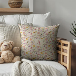 Cartoon bee flower yellow lavender pattern initial クッション