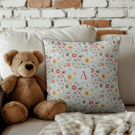 Cartoon bee flower yellow red pattern monogram クッション