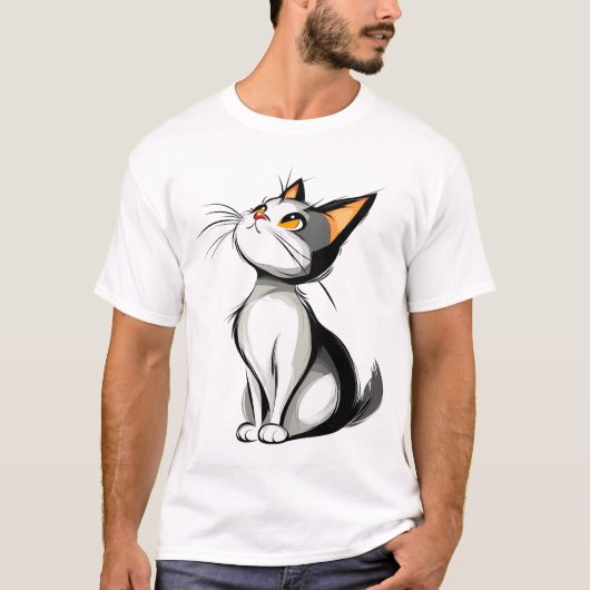 Cartoon Black and White Cat Sitting Illustration Tシャツ (正面)