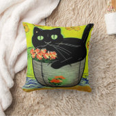 Cartoon Black Cat in Pot クッション (ブランケット)