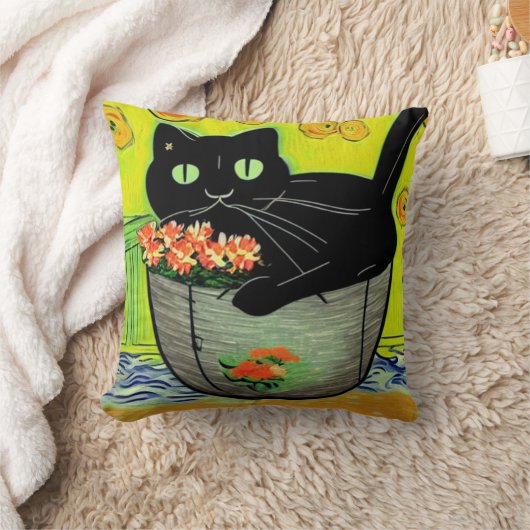 Cartoon Black Cat in Pot クッション (ブランケット)
