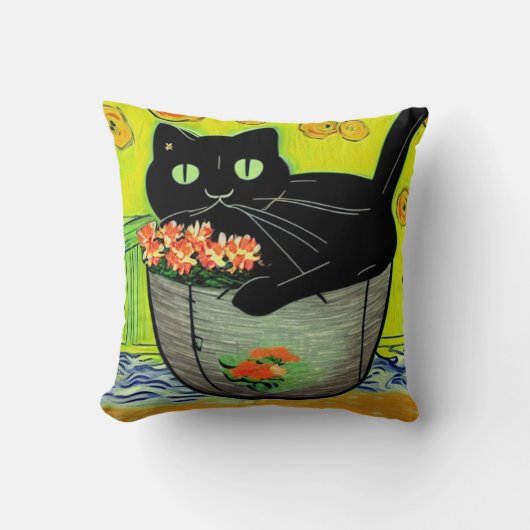 Cartoon Black Cat in Pot クッション (正面)