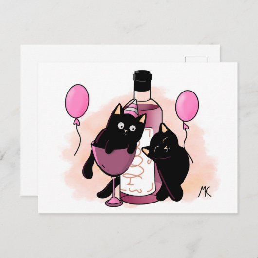 Cartoon black Cats party with Balloons and Wine シーズンポストカード (正面/裏面)
