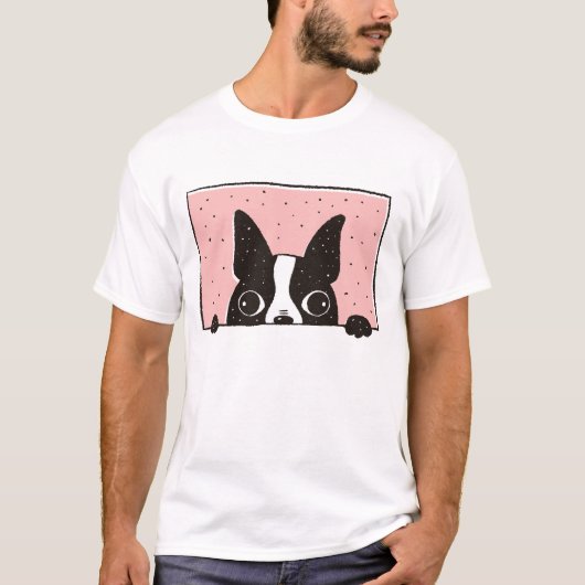 Cartoon Boston Terrier at the Window Tシャツ (正面)