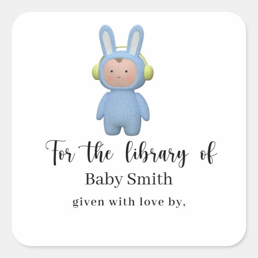 cartoon boy rabbit Baby Shower Library スクエアシール (正面)