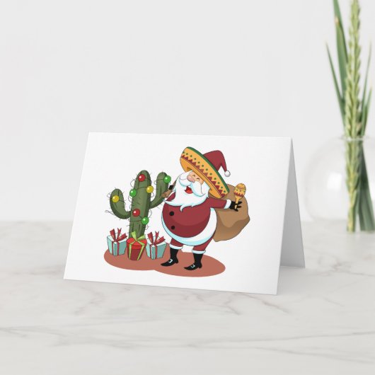 Cartoon cactus and Santa Claus wearing a sombrero カード (正面)