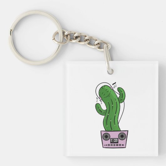 Cartoon Cactus with Headphones and Boombox as Pot キーホルダー (正面)