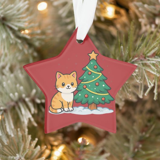 Cartoon Cat by Christmas Tree Snowy Sticker オーナメント (ツリー)