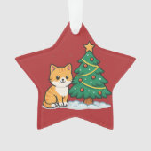 Cartoon Cat by Christmas Tree Snowy Sticker オーナメント (正面)
