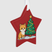 Cartoon Cat by Christmas Tree Snowy Sticker オーナメント (正面)