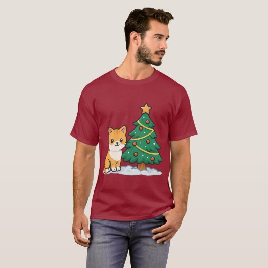 Cartoon Cat by Christmas Tree Snowy Sticker Tシャツ (正面フル)