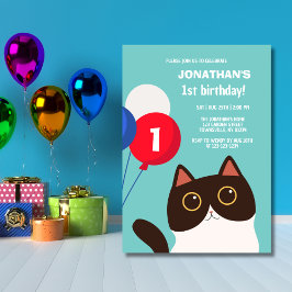 Cartoon Cat Rainbow Balloon Kids Birthday 招待状