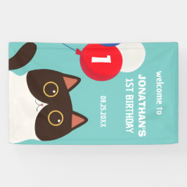 Cartoon Cat Rainbow Balloon Kids Birthday Welcome 横断幕