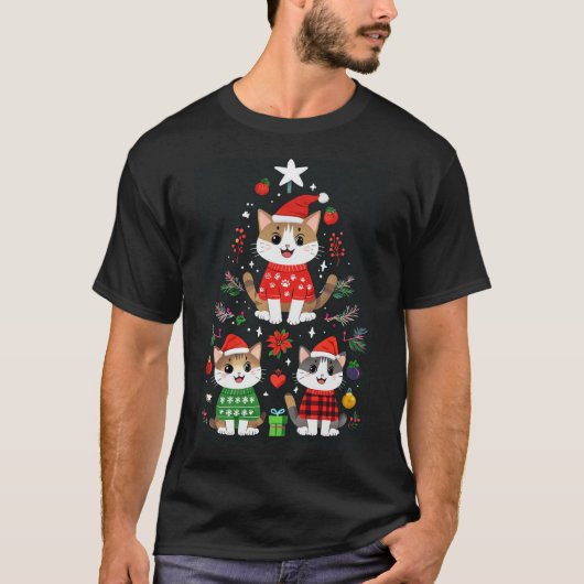 Cartoon Cats Christmas Tree Tシャツ (正面)