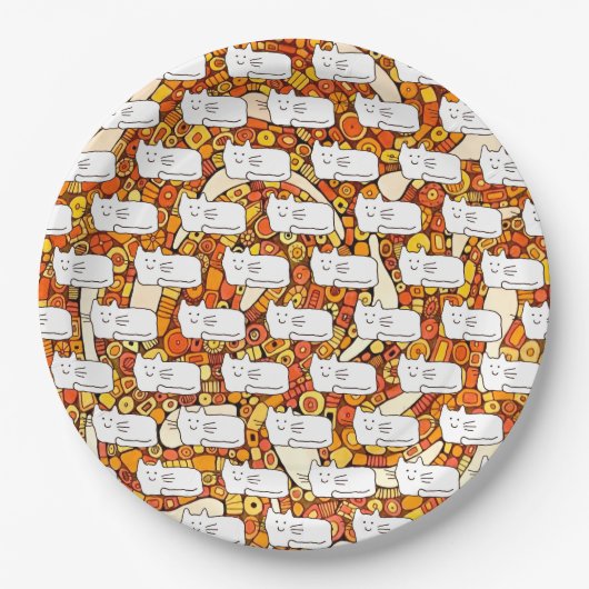 Cartoon Cats Doodle Line Drawing ペーパープレート (正面)
