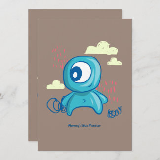 Cartoon Character Hand Drawn Blue Monster Art 招待状