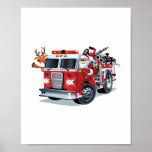 Cartoon Christmas firetruck ポスター<br><div class="desc">Cartoon retro Christmas firetruck,  Santa and reindeer</div>