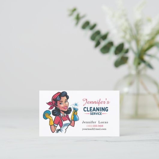 Cartoon Cleaning Lady Business Card 名刺 (スタンド正面)