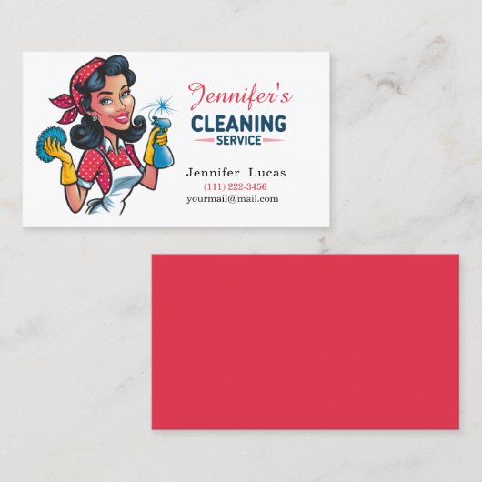 Cartoon Cleaning Lady Business Card 名刺 (正面/裏面)