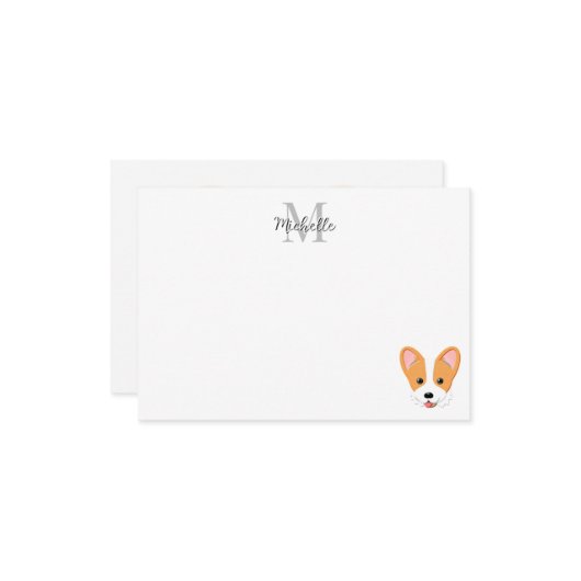 Cartoon Corgi Custom Monogram ノートカード (正面/裏面インサイチュ)