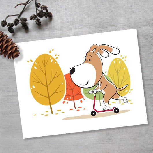 Cartoon Cute Funny Dog Puppy Kick Scooter ポストカード
