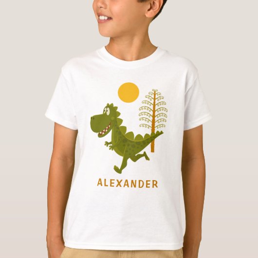 Cartoon Cute Funny Running Dinosaur Jurassic Sun  Tシャツ (正面)