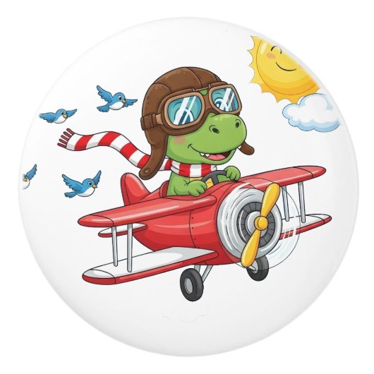 Cartoon Dinosaur Pilot Flying Red Airplane セラミックノブ (正面)