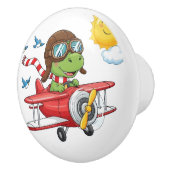 Cartoon Dinosaur Pilot Flying Red Airplane セラミックノブ (右)