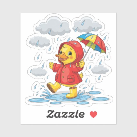 Cartoon Duckling Playing in Rain with Umbrella シール (シート)