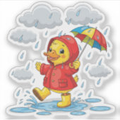 Cartoon Duckling Playing in Rain with Umbrella シール (正面)