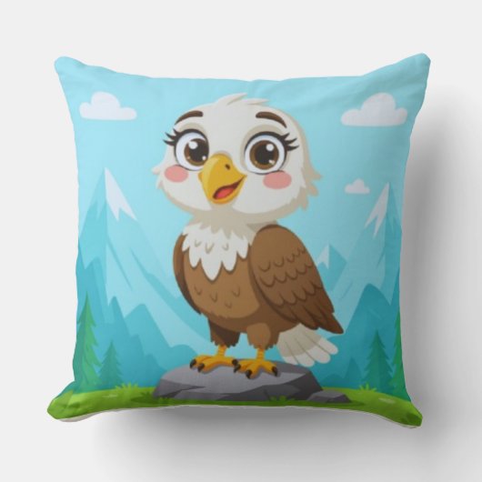 Cartoon Eagle on Rock – Cute Vector Character クッション (正面)