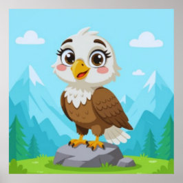 Cartoon Eagle on Rock – Cute Vector Character ポスター
