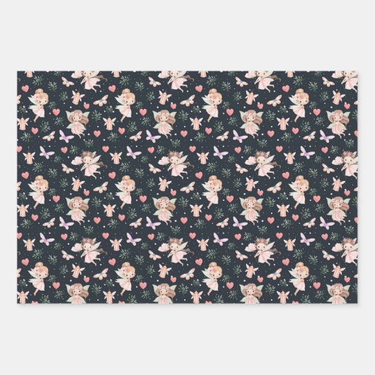 Cartoon Fairy With Flowers Seamless Pattern ラッピングペーパーシート (正面)