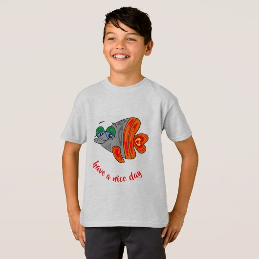 cartoon fish friendly orange grey button tシャツ (正面フル)