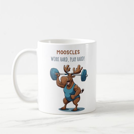 Cartoon fitness moose training with weights コーヒーマグカップ (左)