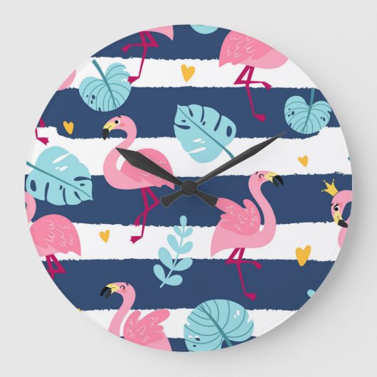 Cartoon Flamingos:夏の熱帯ヴィンテージ。 ラージ壁時計 (正面)