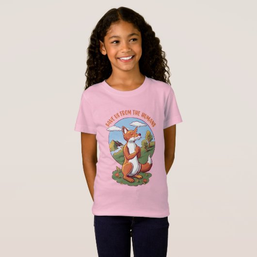 Cartoon Fox Prayer – Save Nature Message Tシャツ (正面フル)