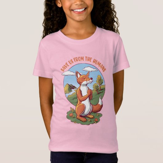 Cartoon Fox Prayer – Save Nature Message Tシャツ (正面)