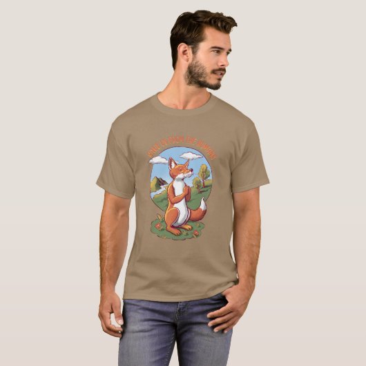 Cartoon Fox Prayer – Save Nature Message Tシャツ (正面フル)