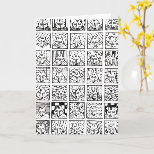 Cartoon Foxes Faces Squares Drawing Card カード (黄色い花)