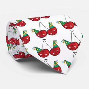 Cartoon Fun & Red Cheeky Cherries With Party Hats ネクタイ