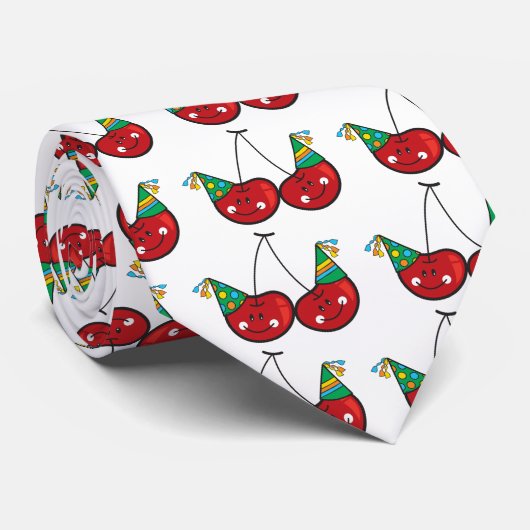 Cartoon Fun & Red Cheeky Cherries With Party Hats ネクタイ (ロール)