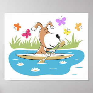Cartoon Funny Dog Puppy Kayaking Kayak Water Sport ポスター