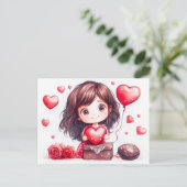 Cartoon Girl Holding Heart Romantic Valentine’s Da ポストカード (スタンド正面)