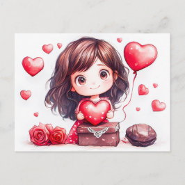 Cartoon Girl Holding Heart Romantic Valentine’s Da ポストカード