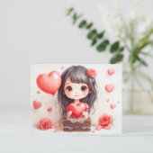 Cartoon Girl with Roses and Hearts Sweet Valentine ポストカード (スタンド正面)