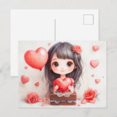 Cartoon Girl with Roses and Hearts Sweet Valentine ポストカード (正面/裏面)