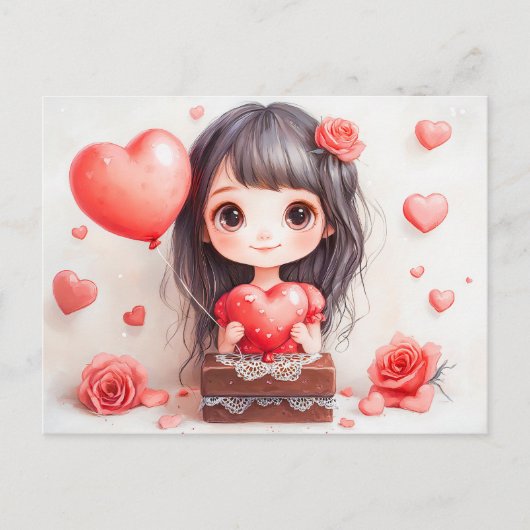 Cartoon Girl with Roses and Hearts Sweet Valentine ポストカード (正面)